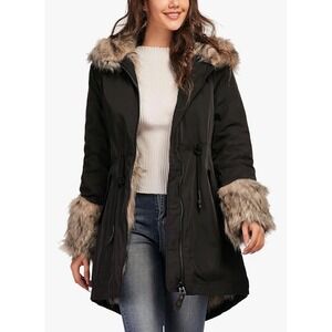 Modern Penny Lane Reversible Black Hooded Parka Jacket Faux Fur Trim Large